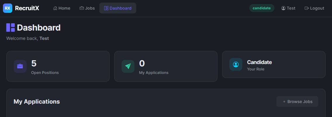 Dashboard of RecruitX website after logging in.
