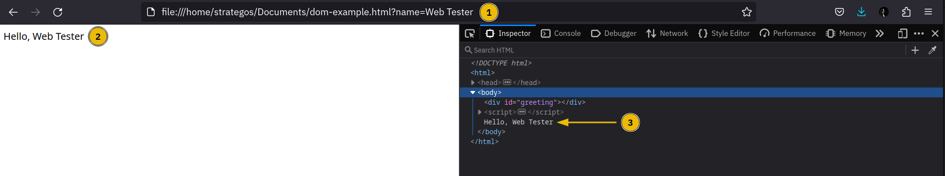 A web browser with the Inspector tab displaying the original DOM structure of an example static site.