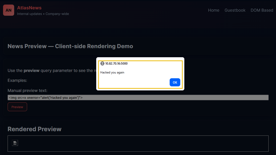 Successful XSS attack using the DOM preview option.
