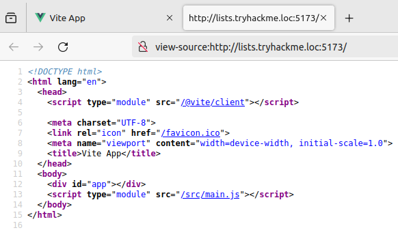 DOM shown from the browser view for a modern frontend web application