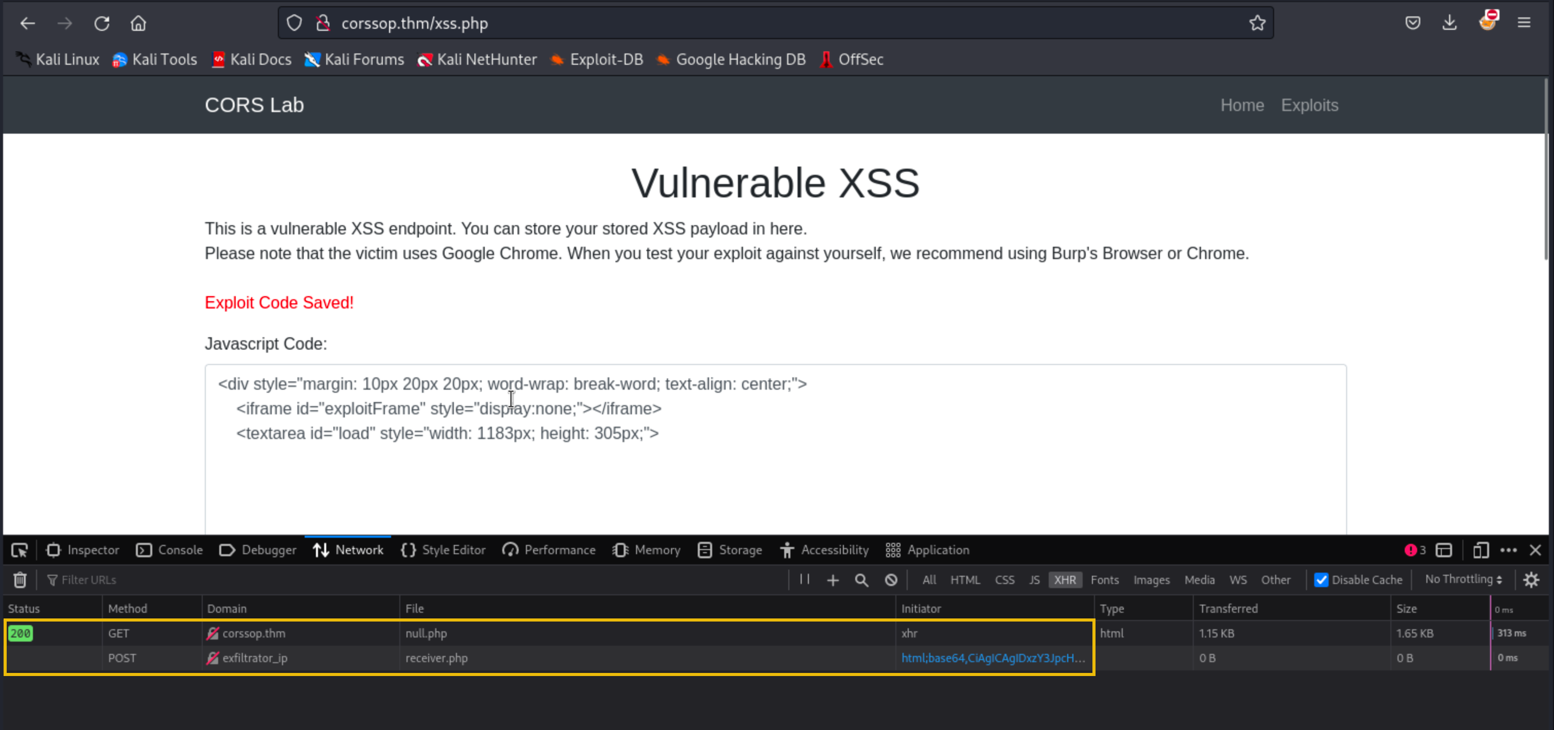XSS payload execution