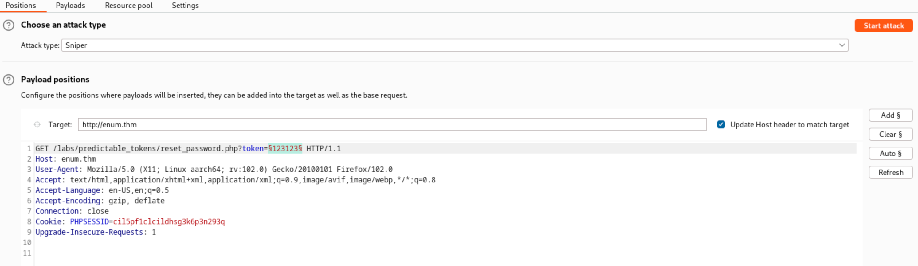 Intruder tab with the vulnerable request