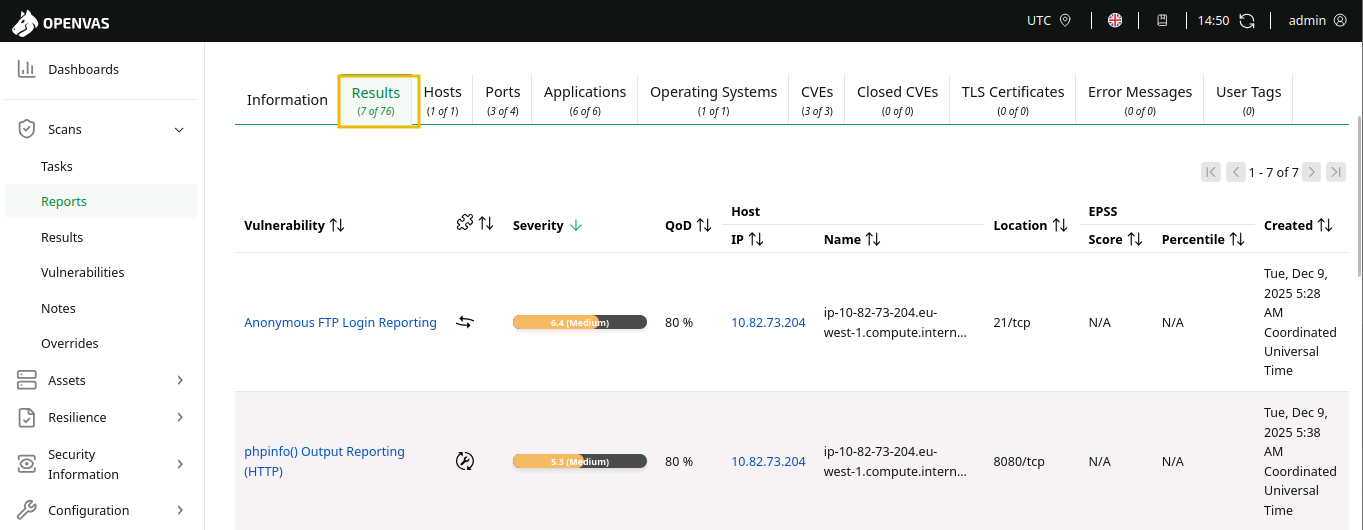 Result tab in OpenVAS.