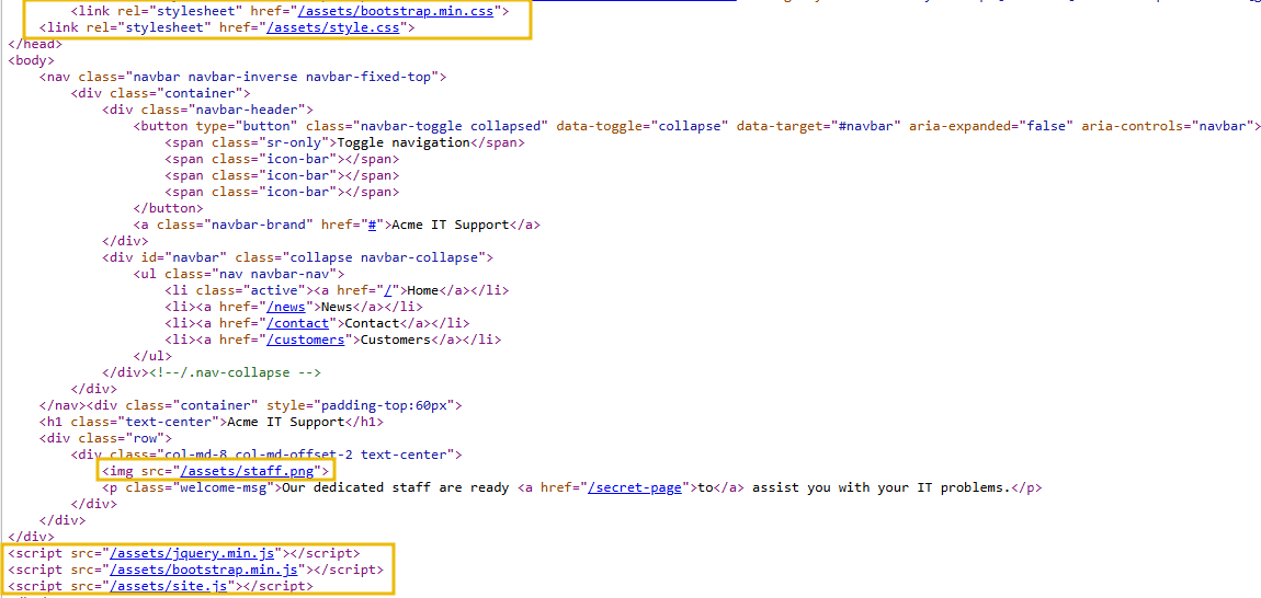 Images, CSS and JS assets in the HTML source.