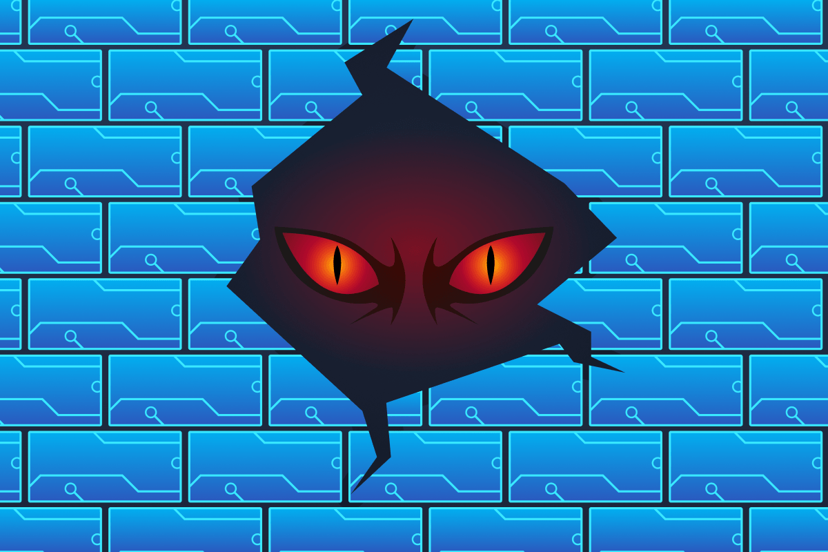 A wall with a crack in it, a sinister pair of eyes can be seen through the crack