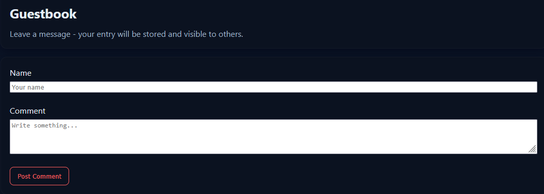 Guestbook feature allowing user to add comment.