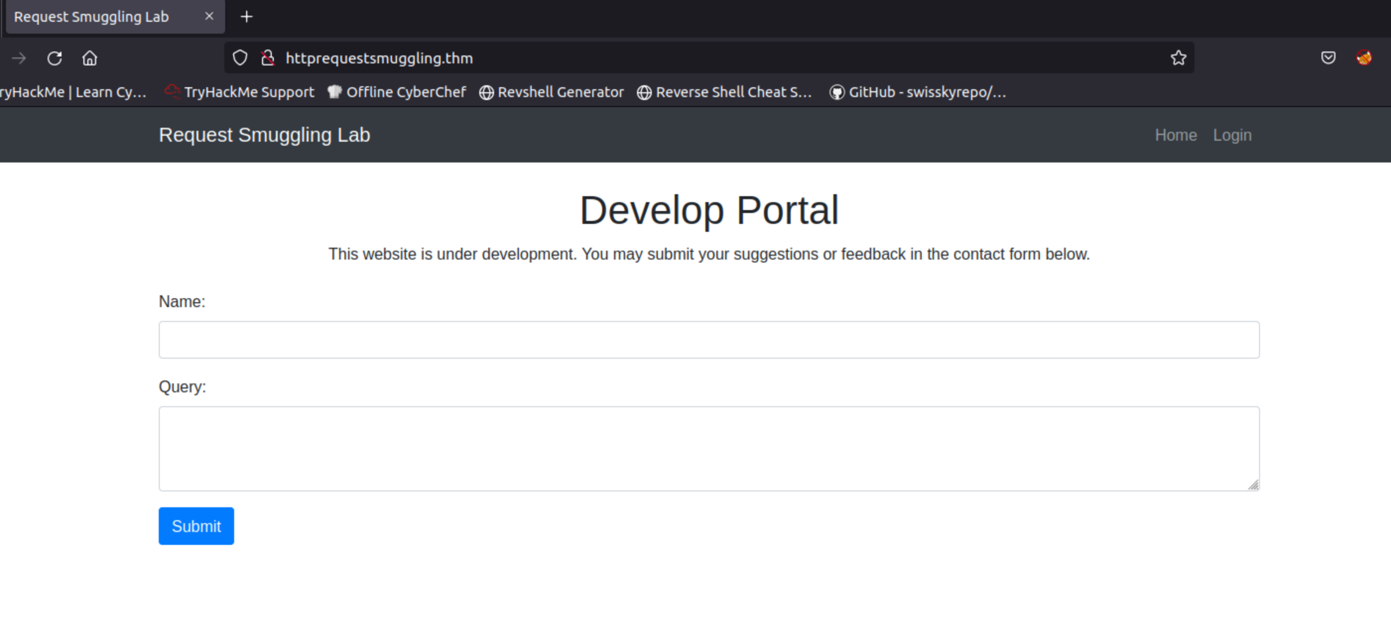 Homepage of he vulnerable application