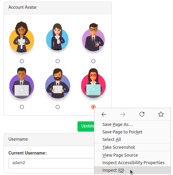 Right-click and select Inspect on a radio button