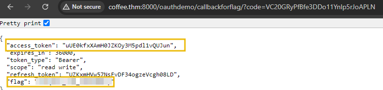 webpage showing successful token after acquiring authorization code