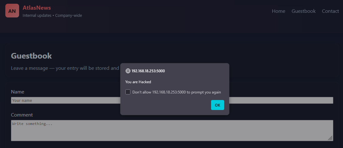Successful XSS using the guestbook feature and showing a pop-up.