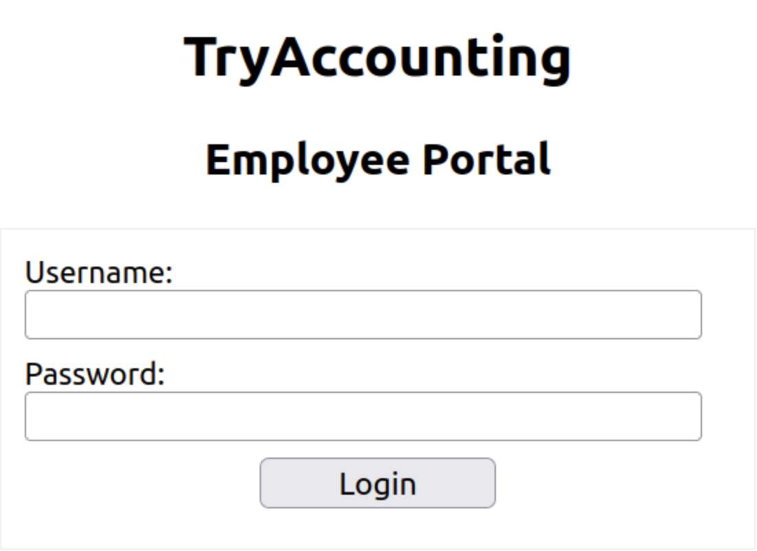 A cloned TryAccounting login page hosted on the attacker's machine, showing the credential harvester running on port 80