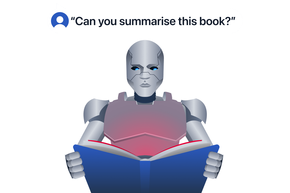 an AI being asked to summarise a book, the book is glowing red implying there is something malicous within