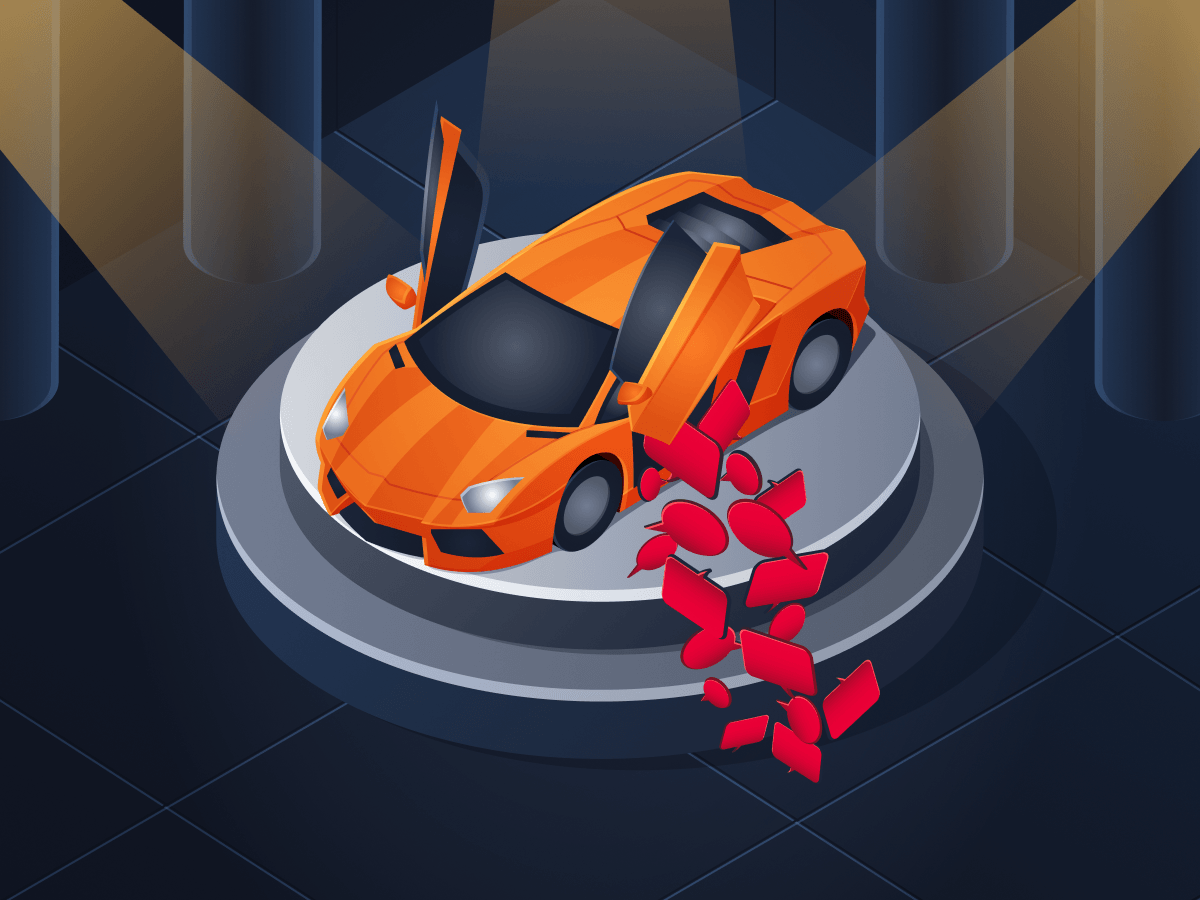 A sports car with prompt bubbles falling out of its doors