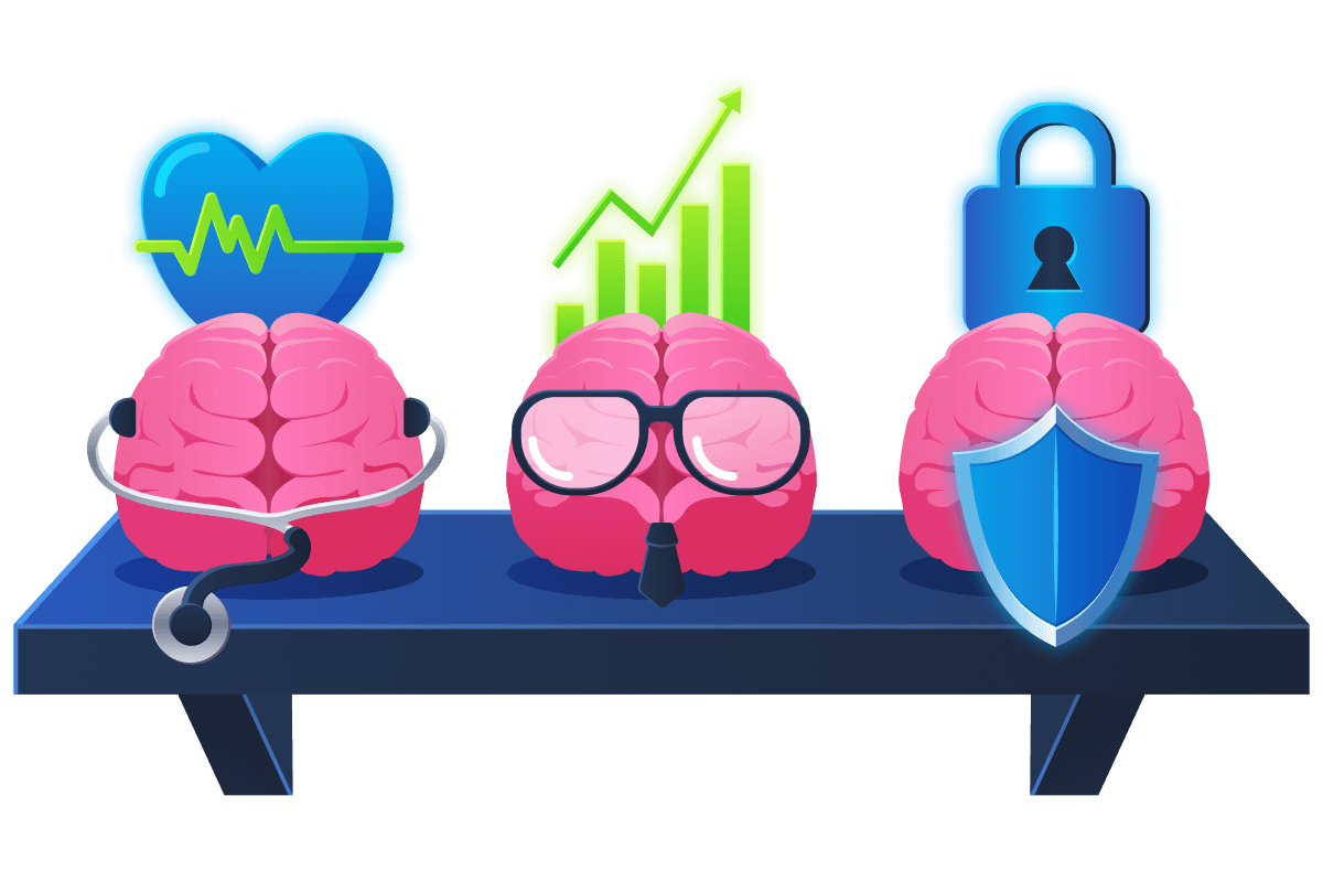 3 models on a shelf, representing different roles. A medical role, a business role and a cyber role.