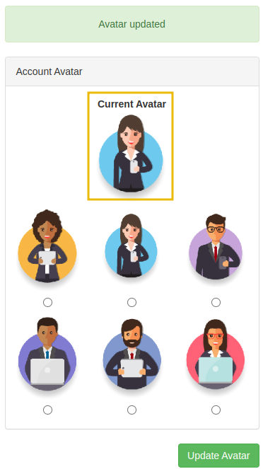 Currently selected avatar displayed on the page