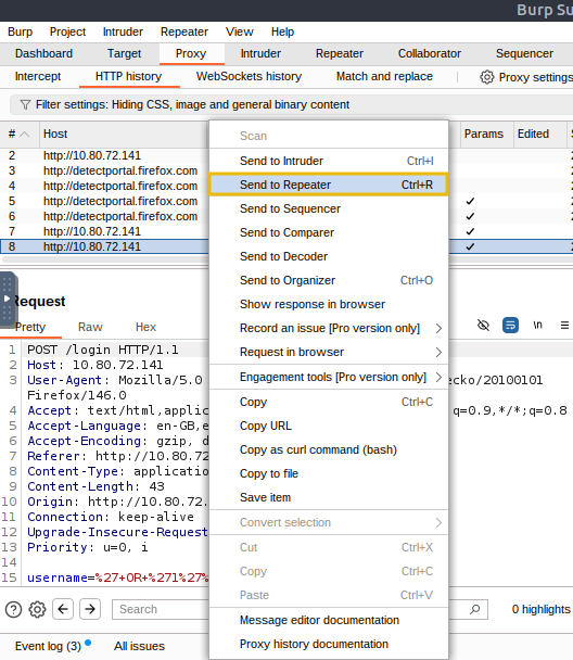 Sending request to the Repeater tab.