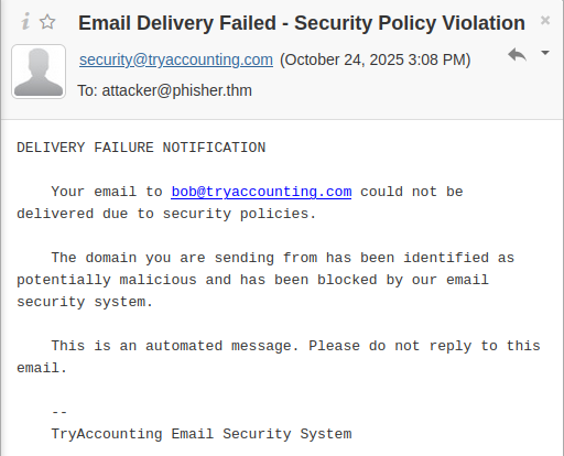 An email delivery failure response showing TryAccounting's email security blocking the spoofed message sent from the attacker's address