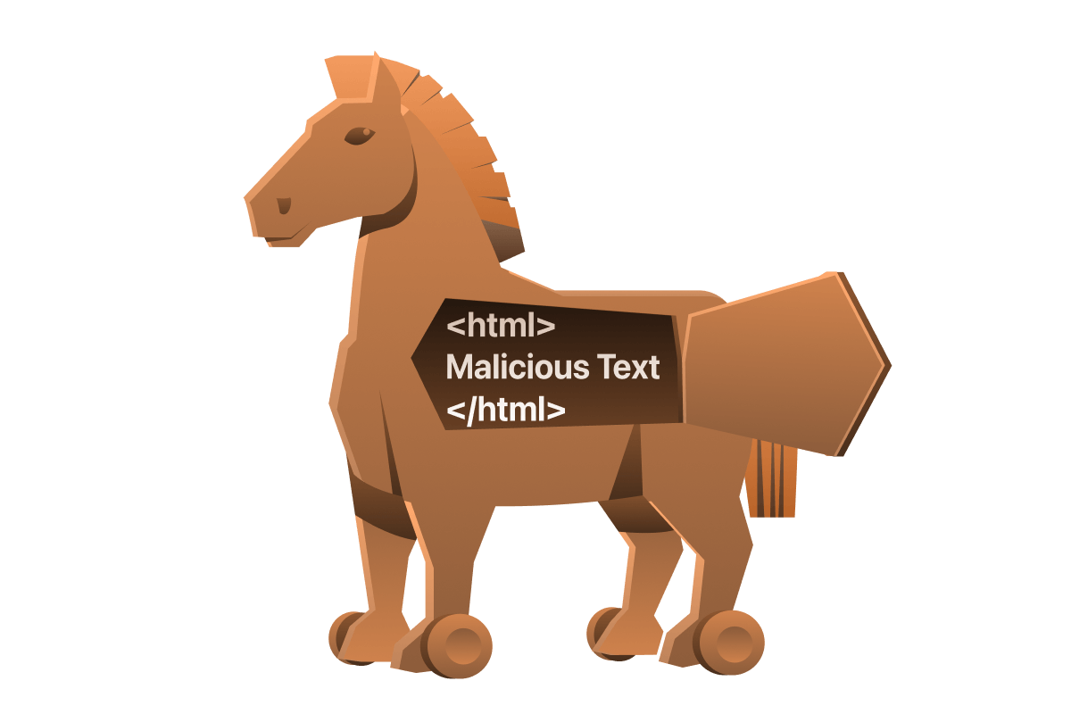 Malicous payload being smuggled in html tags, represented by a trojan horse