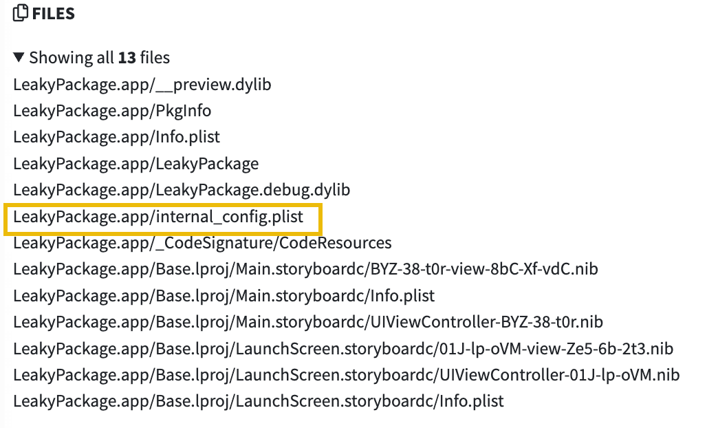 MobSF Files section listing all 13 files inside LeakyPackage.app. The file 'LeakyPackage.app/internal_config.plist' is highlighted with a yellow border, indicating it is of security interest. Other files include __preview.dylib, PkgInfo, Info.plist, LeakyPackage binary, LeakyPackage.debug.dylib, _CodeSignature/CodeResources, and several storyboard .nib and .plist files under Base.lproj.