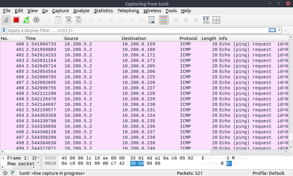 Wireshark ICMP scan.