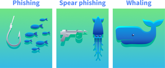 Diagram comparing three types of phishing attacks: Phishing (a hook targeting many generic fish, representing broad mass attacks), Spear Phishing (a precision gun targeting a specific squid, representing targeted attacks on individuals), and Whaling (a large whale, representing attacks targeting high-value executives or leadership).
