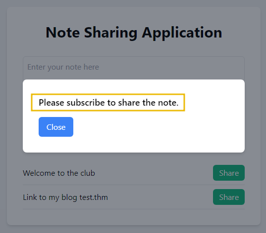 Pop-up stating Please subscribe to share the note