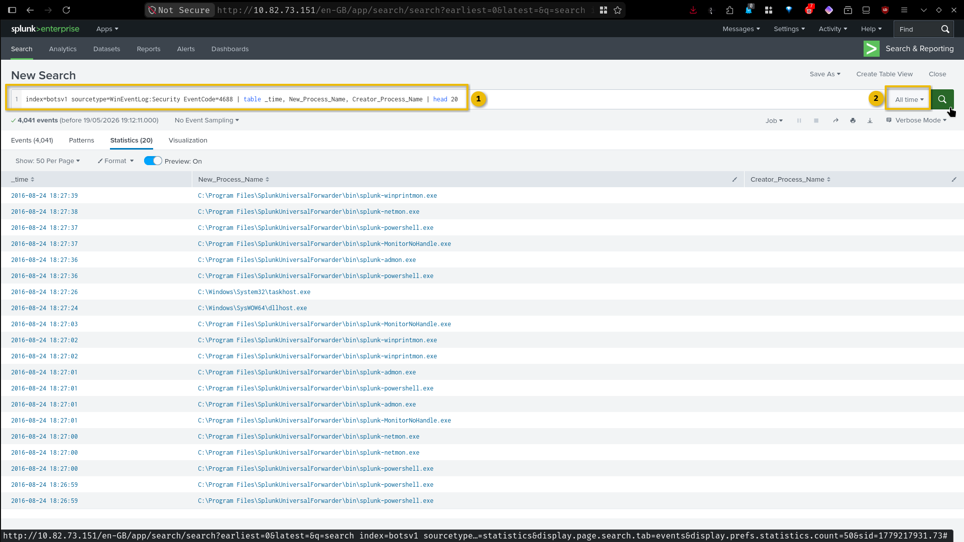 Splunk search page