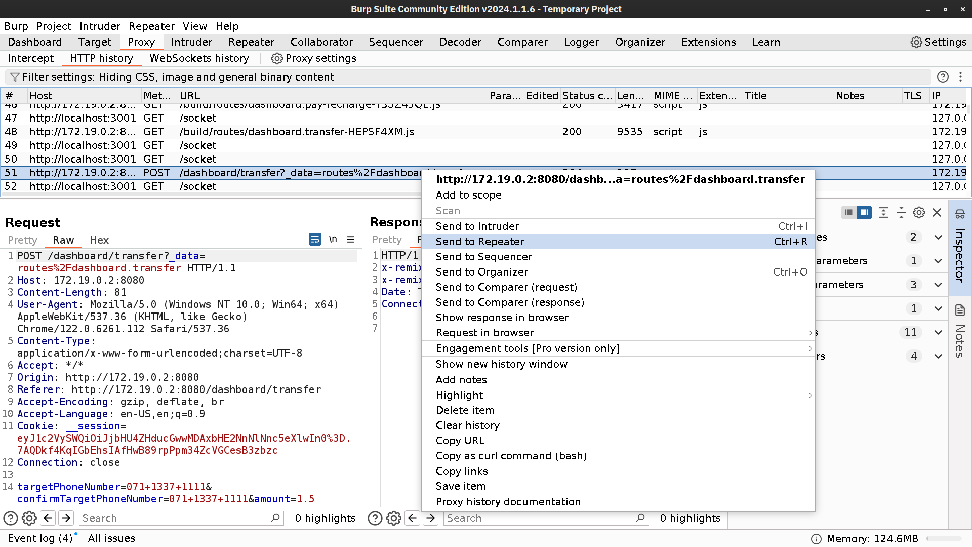 Burp Sutie Proxy HTTP history showing an HTTP POST request being sent to Repeater.
