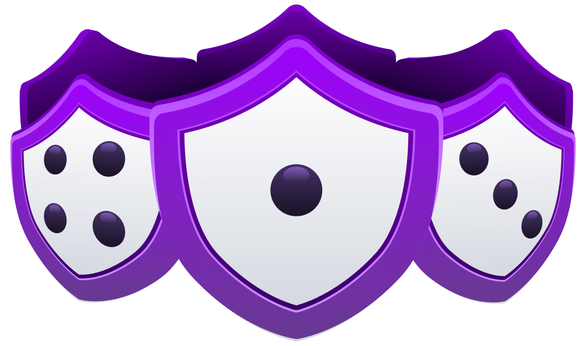 Shields in a circle, all with dotted faces like a die. Representing probabalistic security.