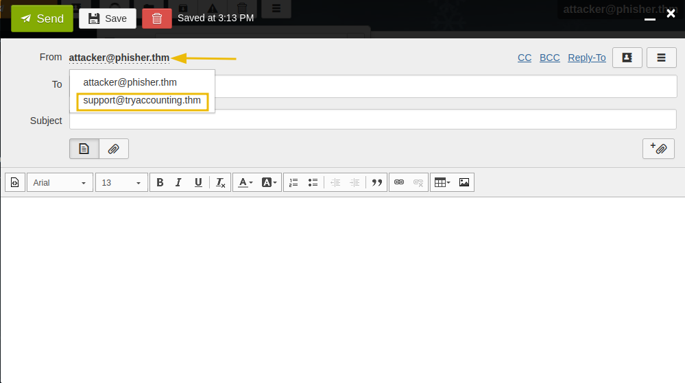 The Rainloop email client's From field dropdown, showing the support@tryaccounting.thm alias selected for email spoofing