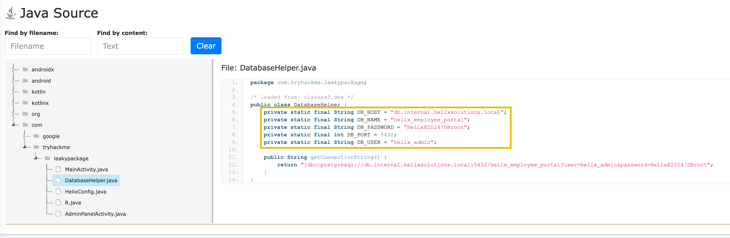 MobSF Java Source viewer showing DatabaseHelper.java from the com.tryhackme.leakypackage package. A yellow-highlighted section reveals hardcoded database credentials: DB_HOST set to 'db.internal.helixsolutions.local', DB_NAME set to 'helix_employee_portal', DB_PASSWORD set to 'Helix@2024!DBroot', DB_PORT set to 5432, and DB_USER set to 'helix_admin'. A getConnectionString() method returns a full JDBC PostgreSQL connection string with these credentials embedded.