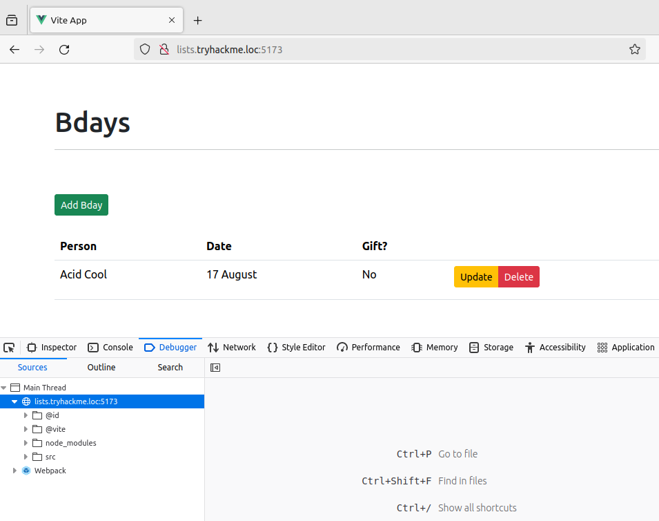 DOM shown from the browser view for a modern frontend web application