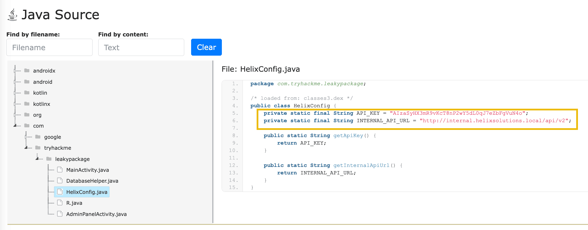 MobSF Java Source viewer showing HelixConfig.java from the com.tryhackme.leakypackage package. A yellow-highlighted section reveals two hardcoded secrets: API_KEY set to 'AIzaSyHX3mR9vKcT8nP2wY5dL0qJ7eZbFgVuN4o' and INTERNAL_API_URL set to 'http://internal.helixsolutions.local/api/v2'. Methods getApiKey() and getInternalApiUrl() expose these values.
