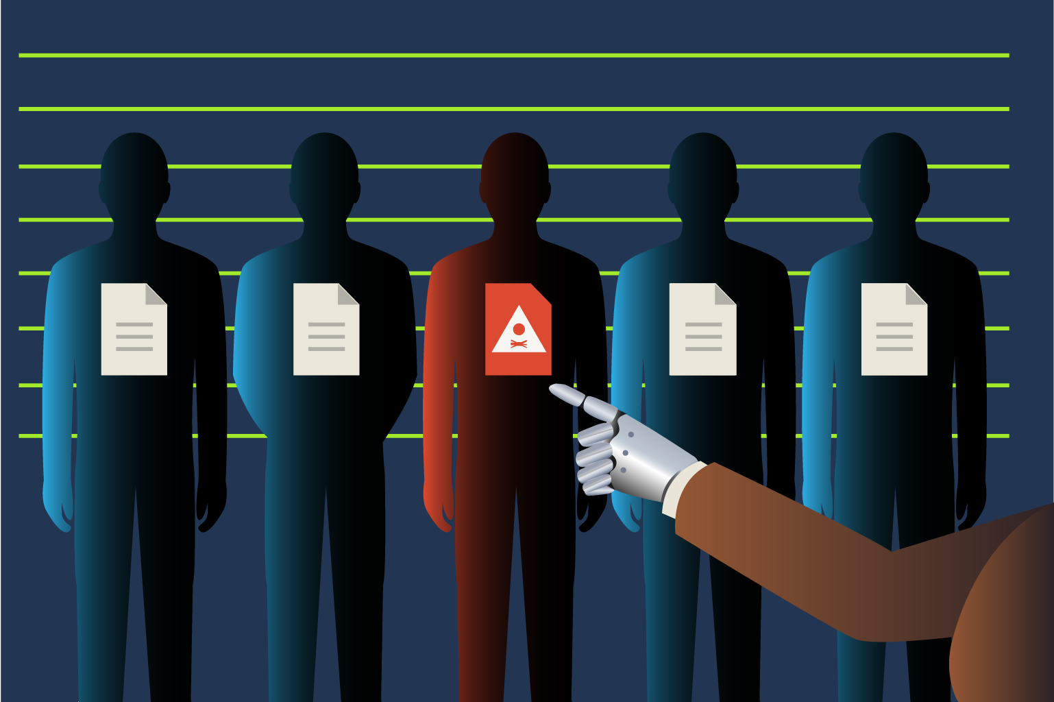 An imagine showing an AI identifying malware in a line up of documents