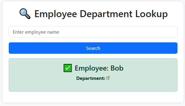 Department page after entering a valid name Bob.