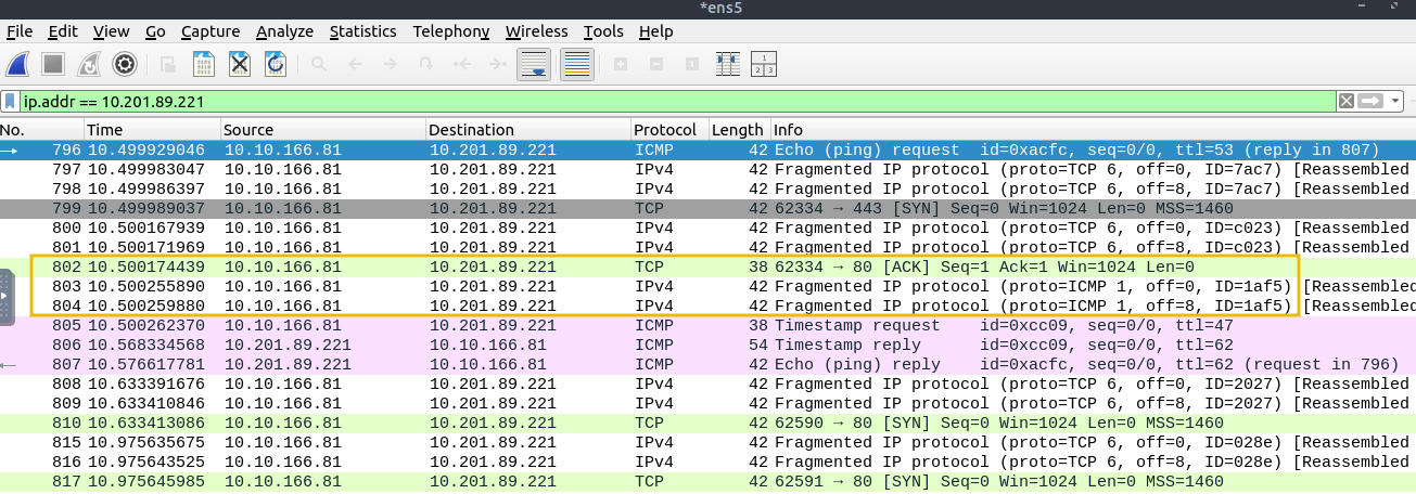 IP fragmented packets in Wireshark.
