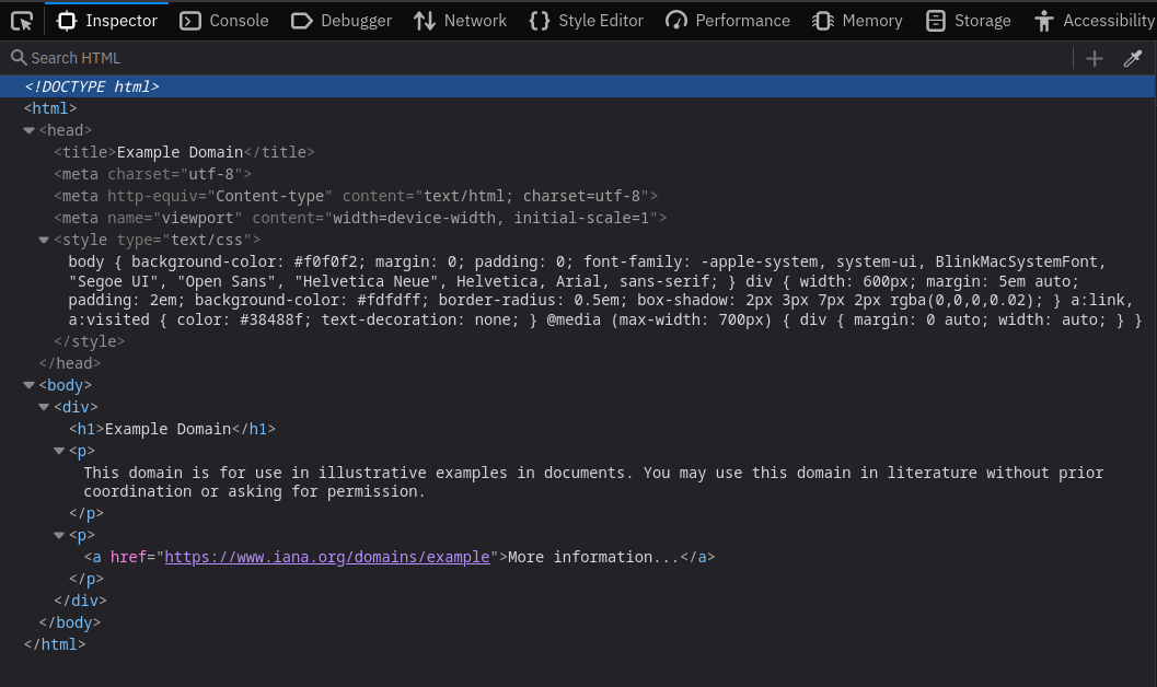 A web browser with the Inspector tab displaying an example website.