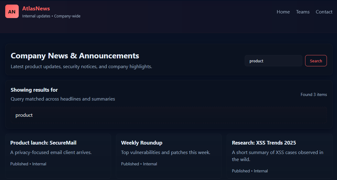 Search option in Atlas News dashboard.
