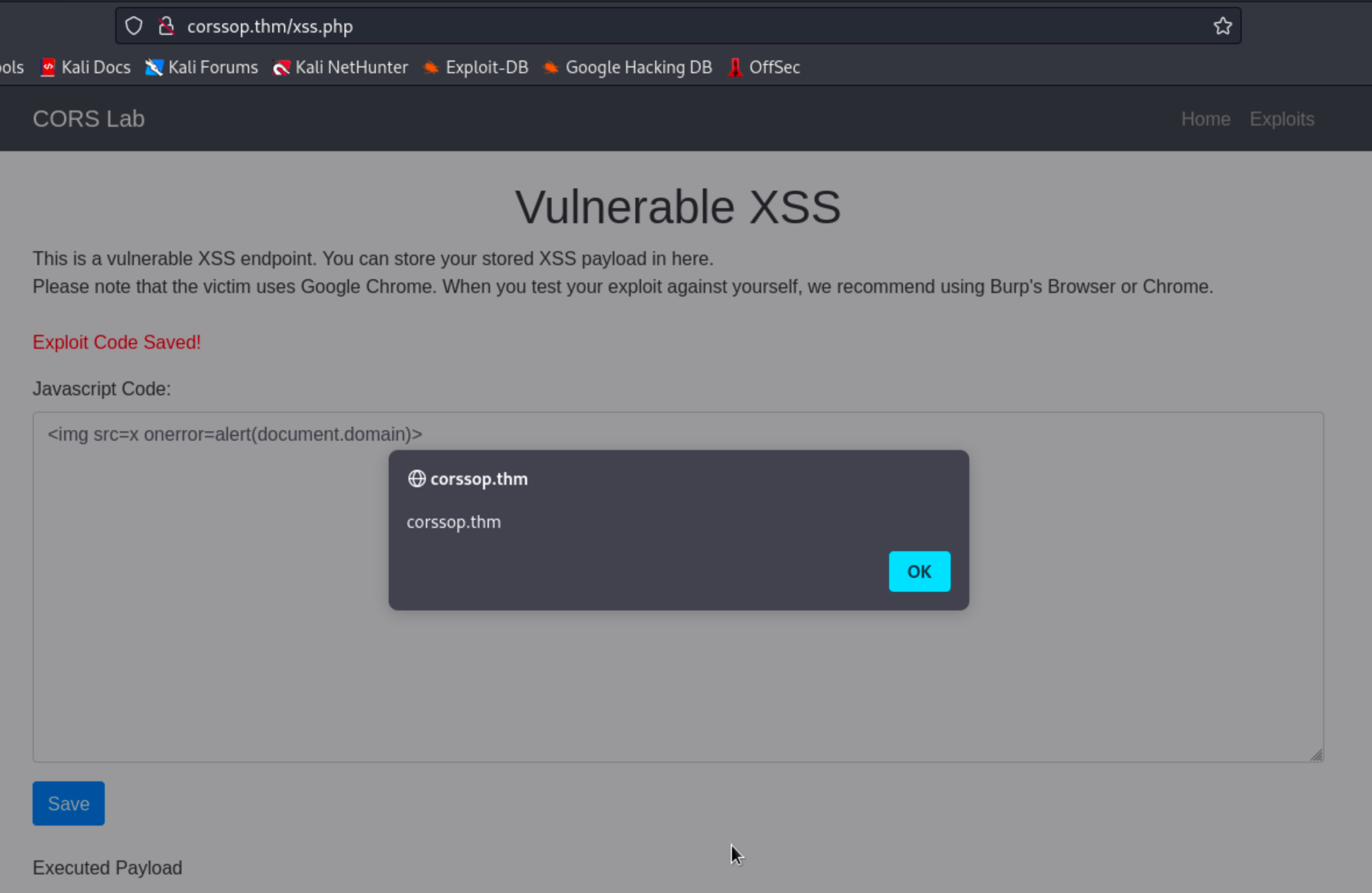 Sample XSS payload with a basic alert box