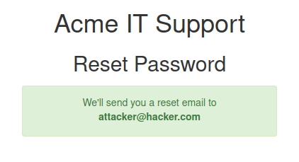 Acme IT Support reset password confirmation screen showing the reset email redirected to attacker@hacker.com