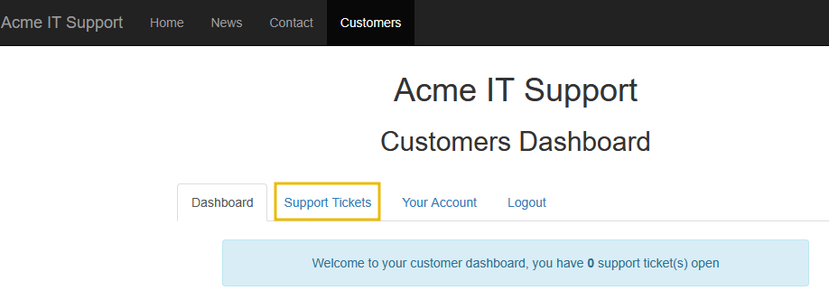 Acme IT Support customer dashboard landing page.
