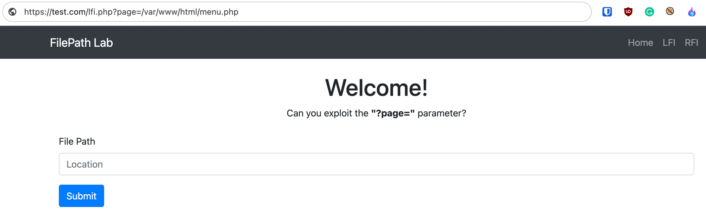 Vulnerable application homepage