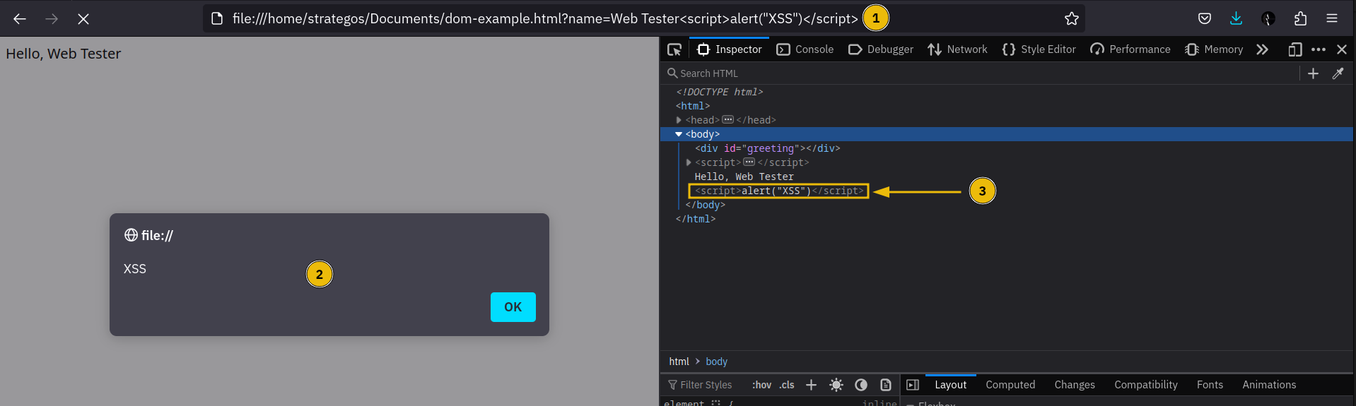 A web browser with the Inspector tab displaying the manipulated DOM structure of an example static site.