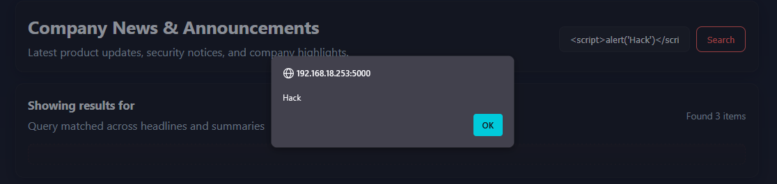 Successful XSS attack on Atlas News dashboard.