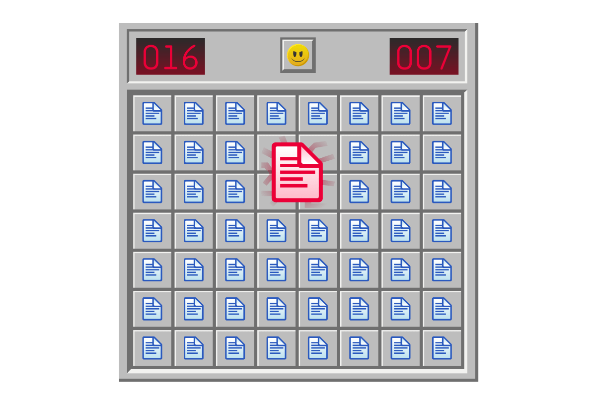 Processing external content can be a minefield, this image represents this by having documents laid out across a board like the glassic game 'Minesweeper'. A malicous document has been triggered.