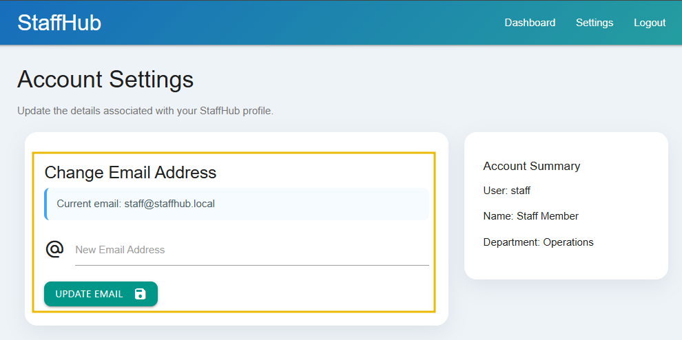 The settings page with the "Update Email" option.