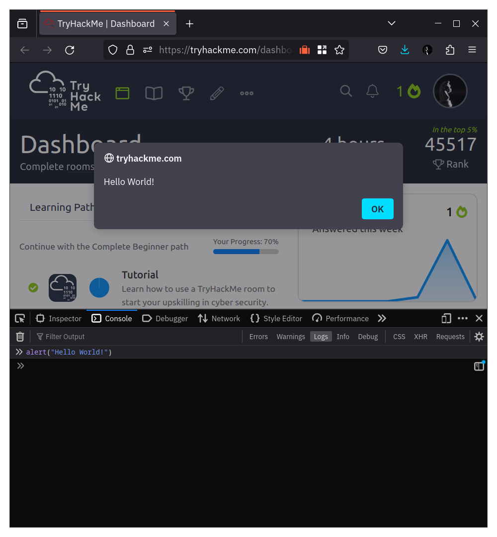 A web browser with an alert displaying Hello World!